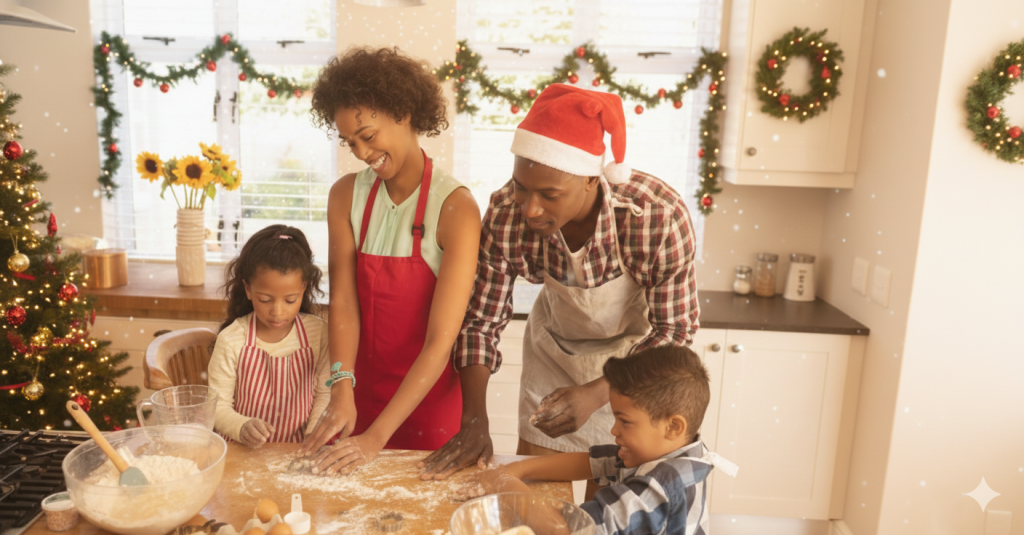 Family baking together during christmas season