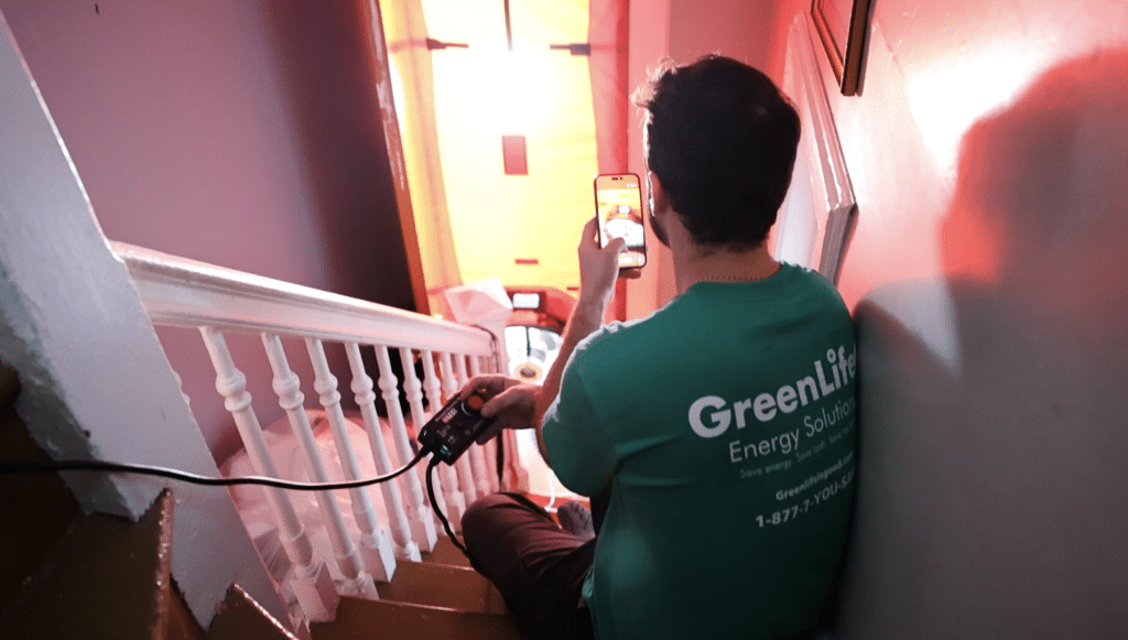 Auditor running a blower door test