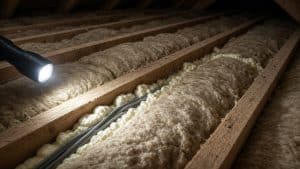 Attic insulation batts between joists with foam sealing around wiring penetrations