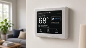 Programmable thermostat set to 68 degrees for efficient fall and winter heating